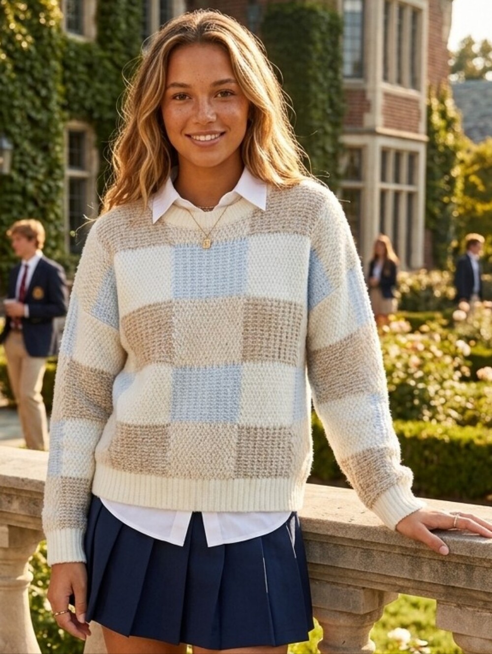 Flag & Anthem Cream & Blue Checker Pullover Sweater Women's Large & X-Large NWT